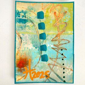 ACEO Original Acrylic Mixed Media Art Tristina Dietz Elmes ATC Blue Orange Green